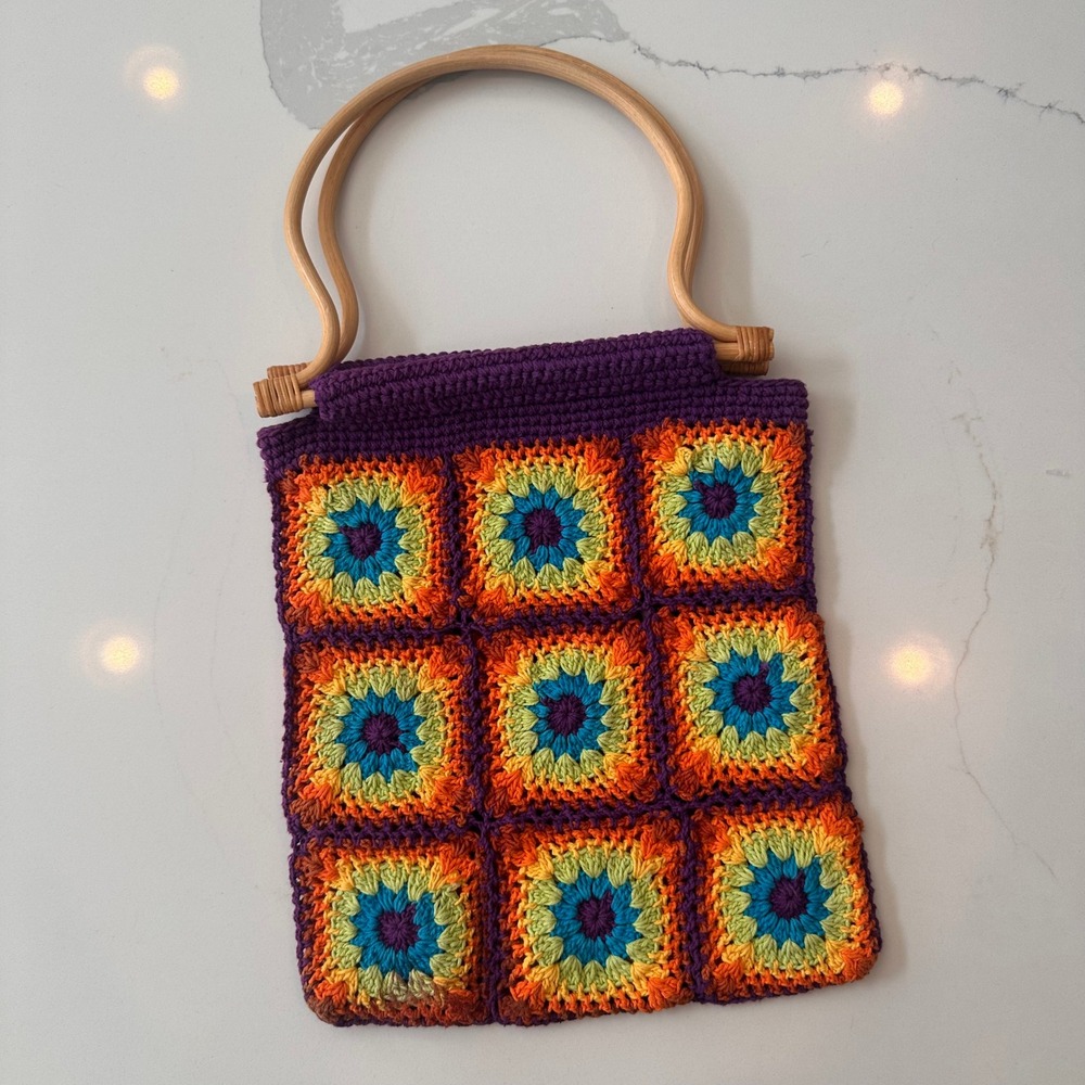 Crochet Granny Square Tote Bag Purple Multi Color Wooden Handle Boho